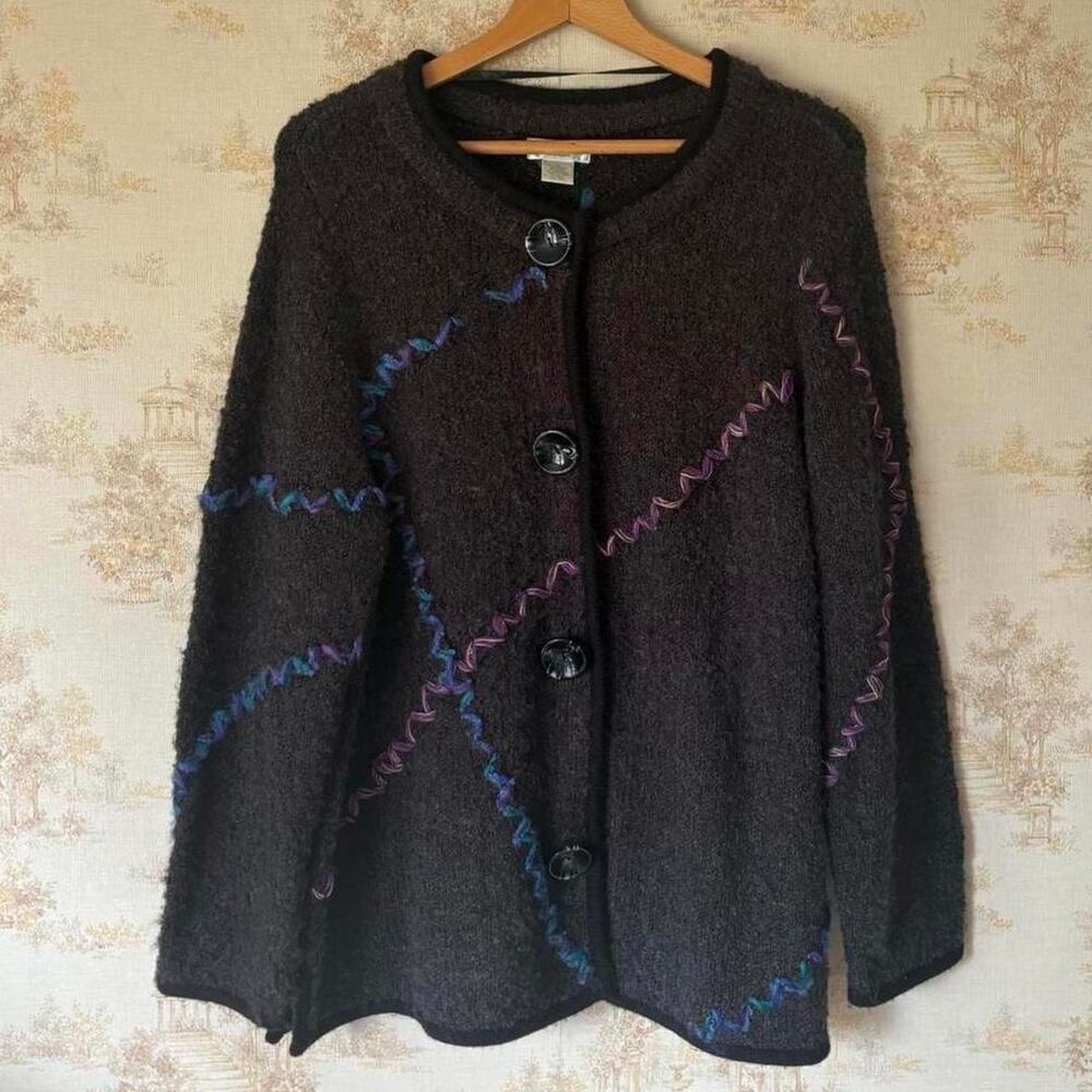 Vintage 90s Laura Ashley Cardigan Sweater Womens 1X Gray Embroidered Mohair